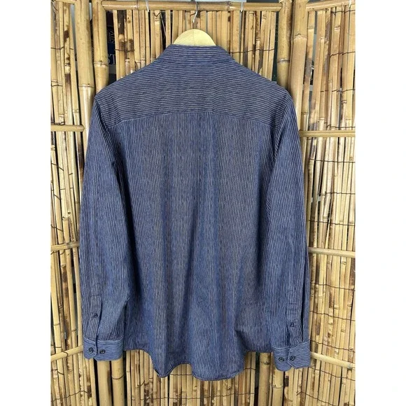 BUGATCHI Ooocotton Tech 8 Way Stretch Long Sleeve Shirt Large‎ Blue Brown Stripe - Picture 9 of 16